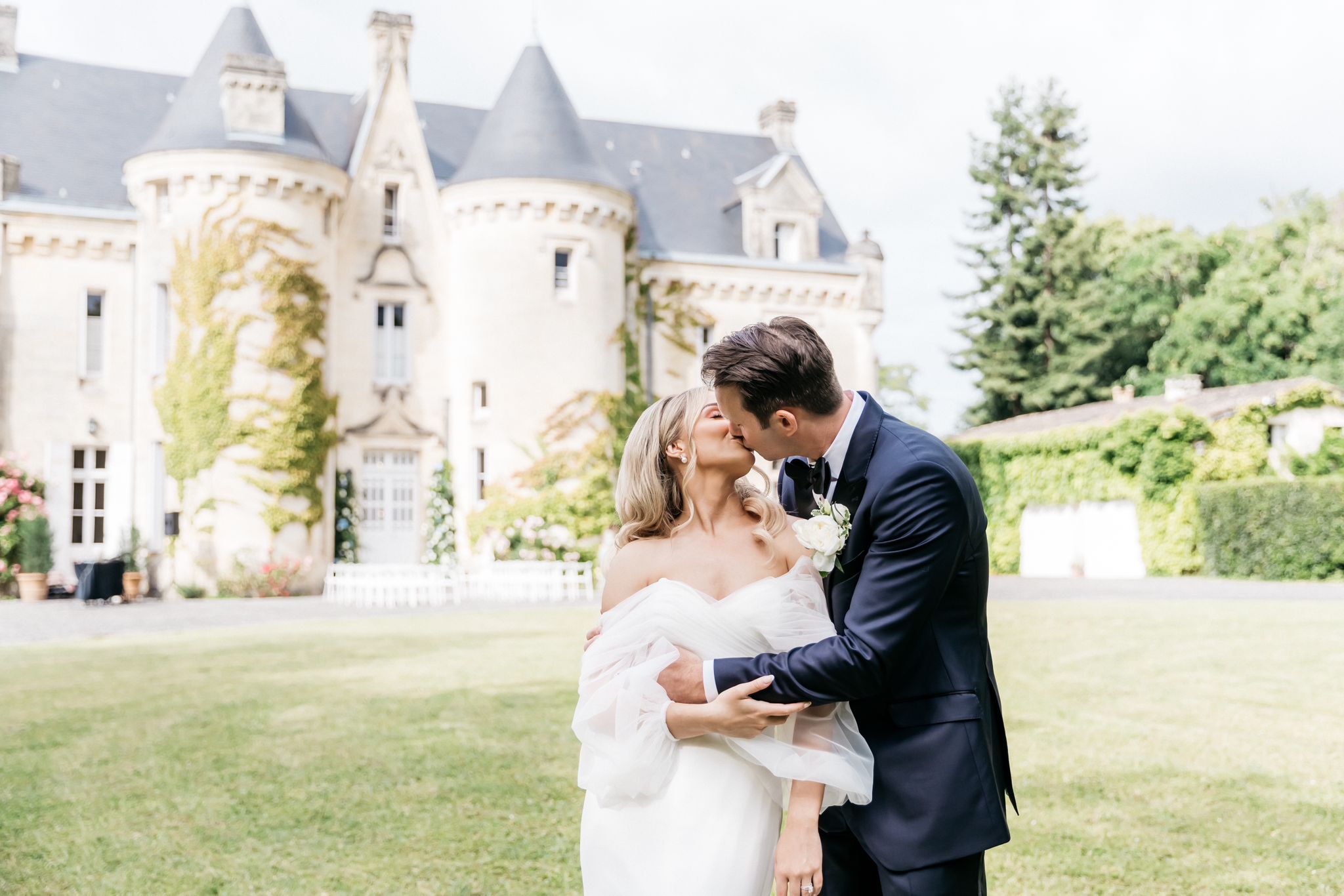 hero photo — bride & groom, French chateau or vineyard